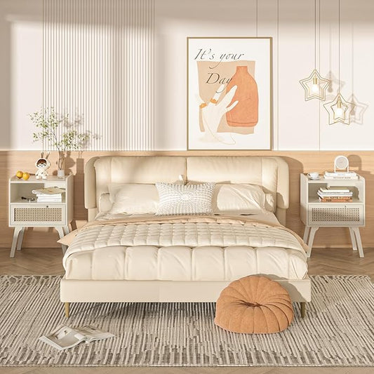 Lerliuo Rattan Nightstands Set of 2, Side Table with Drawer Open Shelf, Cane Accent Bedside End Table, Mid Century Modern Night Stand for Bedroom, Dorm and Small Spaces (Grey White)