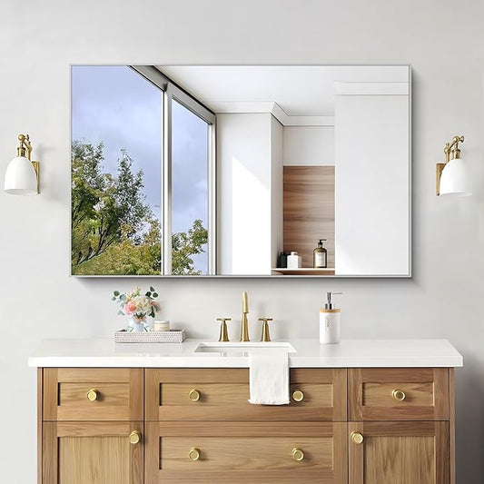 KOCUUY 30x48 Inch Large Silver Wall Mounted Mirror,Brushed Nickel Framed Rectangular Mirror for Wall Over Sink,Modern Design for Bedroom Living Room Bathroom,Functional Oversized Mirror