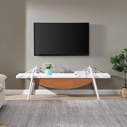 1 Tier Modern Boat-Shaped Bookshelf with Drawer, White & Brown, 70.9" Long Horizontal Low Shelf for Storage Display Decoration, Sturdy MDF & Metal Industrial Frame, for Living Room