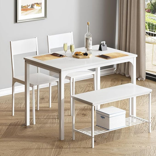 soges 4 Pieces Dining Table Set, 43.3 inch Kitchen Table Set for 4, Dining Set with 2 Chairs and Bench with Storage Rack, Nesting Furniture Set for Dining Room, Kitchen, Restaurant, White