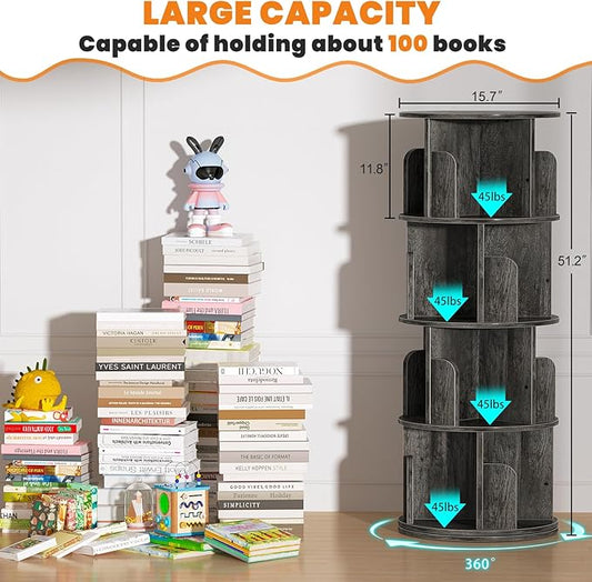 Rotating Bookshelf, Wood Corner Bookshelf, 360 Display Spinning Bookcase Storage Rack, 4 Tier Floor Standing Revolving Bookcase Narrow Book Shelf Organizer for Small Space, Bedroom, Grey Oak