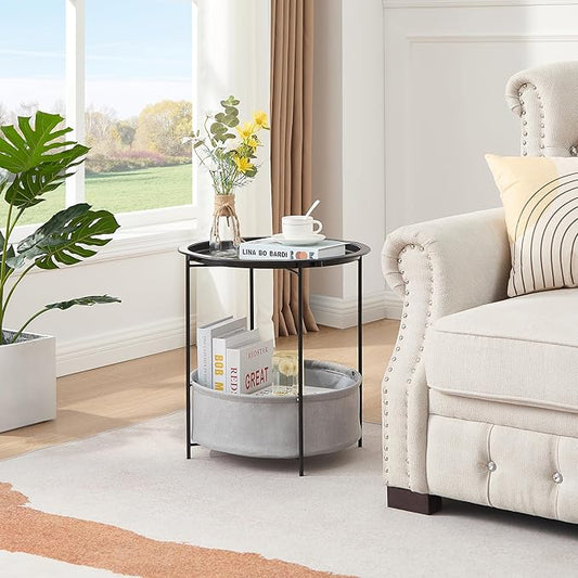 VECELO Round Side/End Table with Fabric Storage Basket,Metal Anti-Rust and Waterproof Small Bedside Nightstand with Removable Tray Top for Living Room,Balcony & Laundry,Black /2pcs with Basket