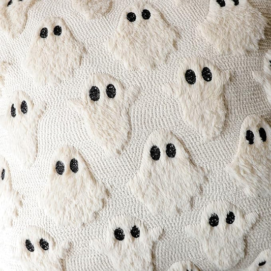 4TH Emotion Halloween Ghost Decorative Lumbar Pillow Covers 12x20 Set of 2, Beige Soft Plush Faux Fur Farmhouse Throw Cushion Cases for Fall Autumn Holiday Home Decorations