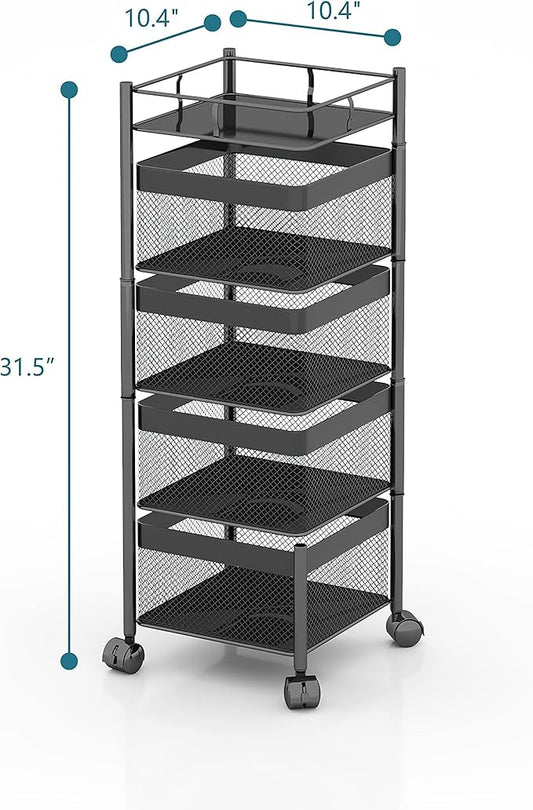 Rotating Kitchen Storage Rack,Bathroom Shelf,Kitchen Organization and Storage,Bathroom Storage Organizer,Fruit Basket,Rolling Carts with Wheels(Black, 4 Tier-Square)