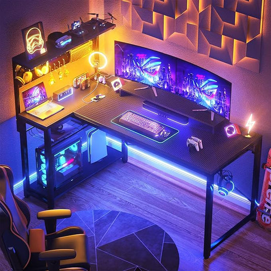 Homieasy Small Gaming Desk with Power Outlets Pegboard LED Light, 51 Inch L Shaped Computer Desk with Monitor Stand Storage Shelves, Reversible Corner Desk with Headset Hooks, Carbon Fiber Black