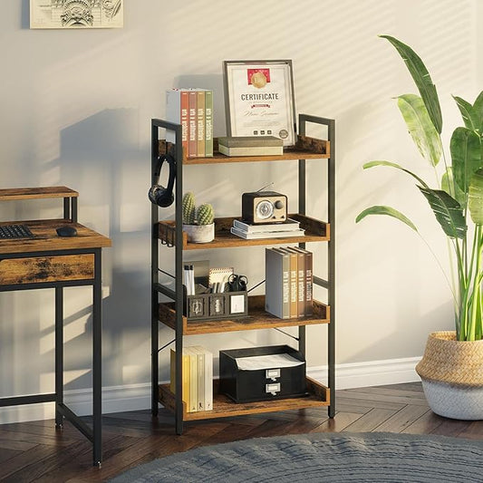Rolanstar Bookshelf 4 Tier with 4 Hooks, Industrial Bookcase, Vintage Storage Rack with Open Shelves, Rustic Standing Bookshelves Metal Frame Display Rack for Living Room, Bedroom, Rustic Brown