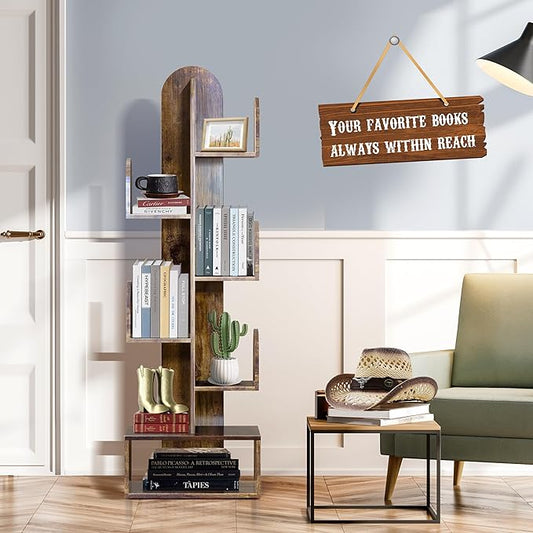 Cactus Tree Bookshelf, 5-Tier Wood 50" Tall Corner Storage Rack for CDs/Movies/Books, Small Space-Saving Organizer Shelves for Living Room, Bedroom, Home Office (Rustic Brown)