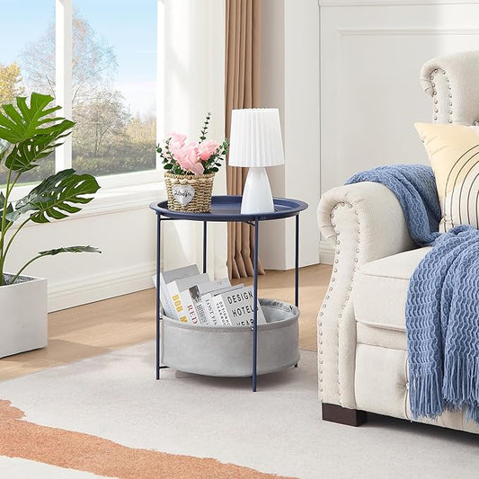 VECELO Round Side/End Table with Fabric Storage Basket,Metal Anti-Rust and Waterproof Small Bedside Nightstand with Removable Tray Top for Living Room,Balcony & Laundry,Blue /2pcs with Basket