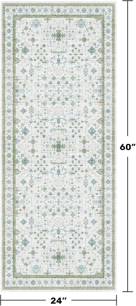 Cream Green and Blue Turkish Bathroom Runner 2x5 - Oushak Vintage Boho Floral Pastel, Washable Low Pile Non Slip Stain Resistant Small Throw Rug for Kitchen, Bedroom, Laundry