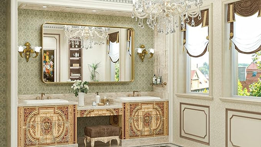 TokeShimi Gold Bathroom Mirror for Wall 48 x 30 Inch Metal Rounded Corner Rectangle Mirror Wall Mirror in Aluminum Alloy Metal Frame Deep Set Design Hangs Horizontal Or Vertical
