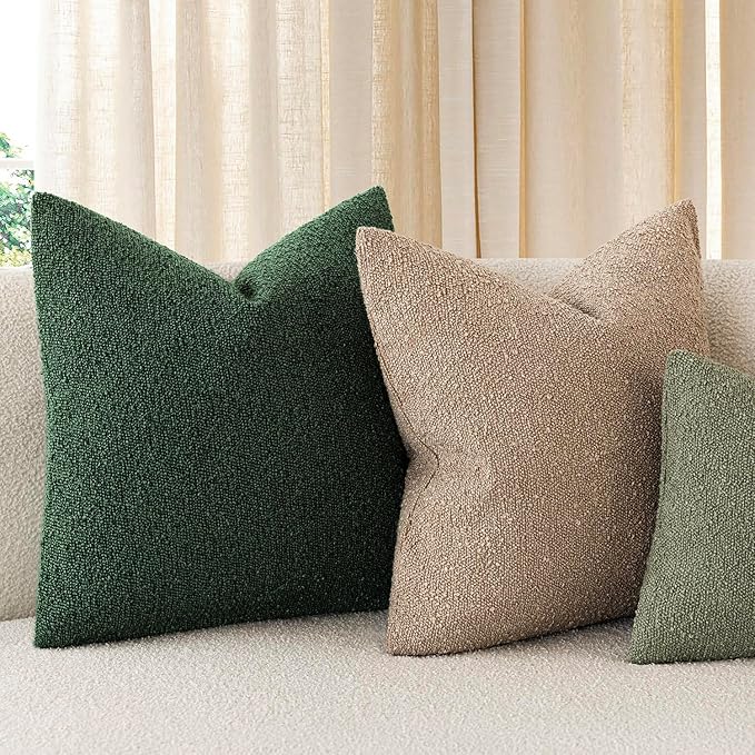 Foindtower Set of 2, Decorative Textured Boucle Throw Pillow Covers Accent Solid Pillow Cases Neutral Cozy Couch Cushion Case for Chair Sofa Bedroom Living Room Home Decor 26x26 Inch Pine Green