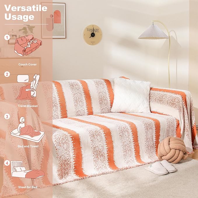 Boho Sofa Cover, Couch Covers for 3 Cushion Couch Sofa Pet Friendly, Sofa Cover Washable, Soft Chenille Living Room Couch Covers Slipcover, Pet Furniture Protecto (1# Orange, 71" x 134")