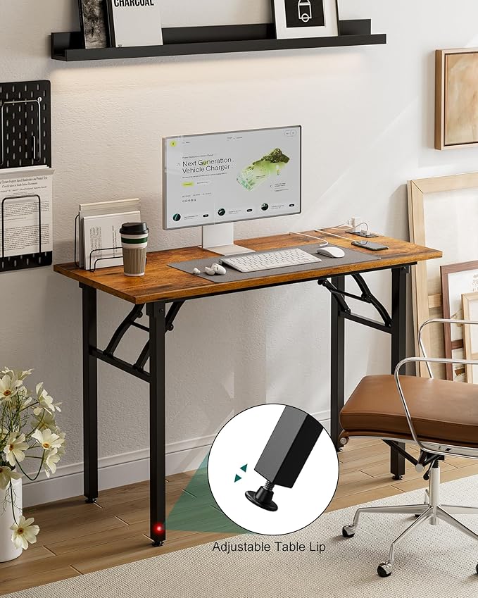 Frylr Small Folding Computer Desk – 43.3 Inch Portable Table for Craft and Study, Lightweight Desk for Small Spaces, Foldable Laptop Table Built-in AC/USB Outlets for Convenience, Rustic Brown