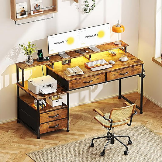 53" Computer Desk with 4 Drawers & Power Outlets, Reversible Home Office Desk with Monitor Stand & Printer Stand, Gaming Desks with Led Lights, Study Writing Work Desks Table for Bedroom, Vintage