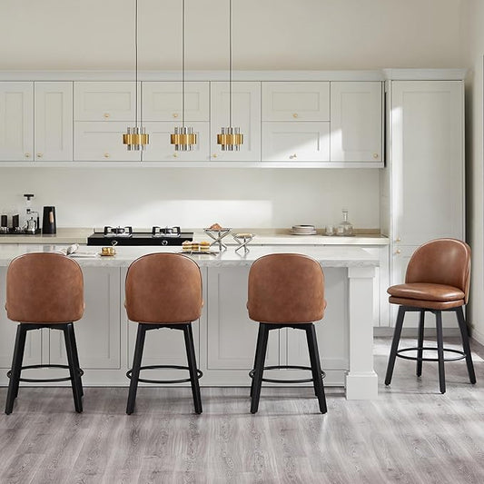 Counter Height Barstools 26 inch Upholstered Swivel Bar Stools with Back and Wood Legs for Kitchen Island,Set of 3,Brown PU Leather-Armless