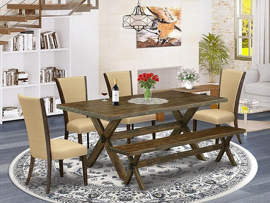 East West Furniture X777VE703-6 6 Piece Dining Set Contains a Rectangle Dining Room Table with X-Legs and 4 Brown Linen Fabric Parson Chairs with a Bench, 40x72 Inch, Multi-Color