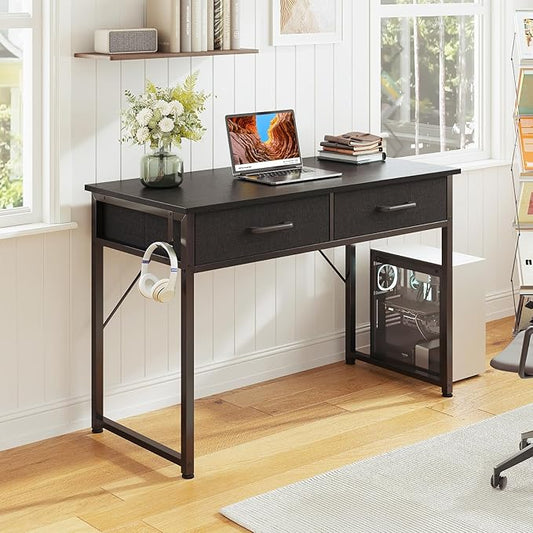 Casaottima 40 Inch Small Office Computer Desk with 2 Drawers & Headphone Hook - Compact Writing Desk for Home Office, Study or Work, Modern Space-Saving Design for Small Spaces, Black