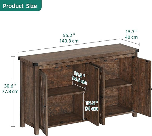 YITAHOME 55'' Buffet Cabinet with Storage, Farmhouse Sideboard Cabinet Coffee Bar Cabinets with Barn Doors & Adjustable Shelves for Kitchen, Living Room, Brown
