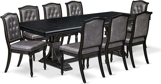 NEMA9-SBB-34 9-pc Modern Dining Set Consists of a Mid Century Dining Table and 8 Dark Grey Polyester Chairs with Button Tufted Back, 44x100 Inch, Sand Blasting Black