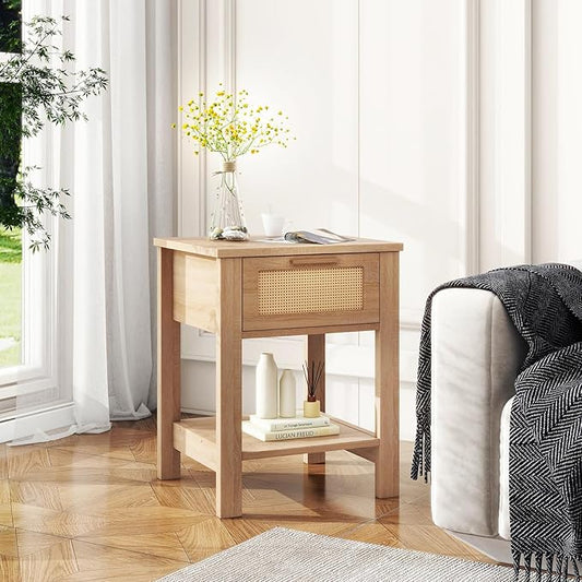 IBUYKE Rattan Nightstand Set of 2, Boho Night Stand with Drawer, Wood Bedside Tables with Storage Shelf, End Table with Legs for Bedroom, Natural UWNS011N-2