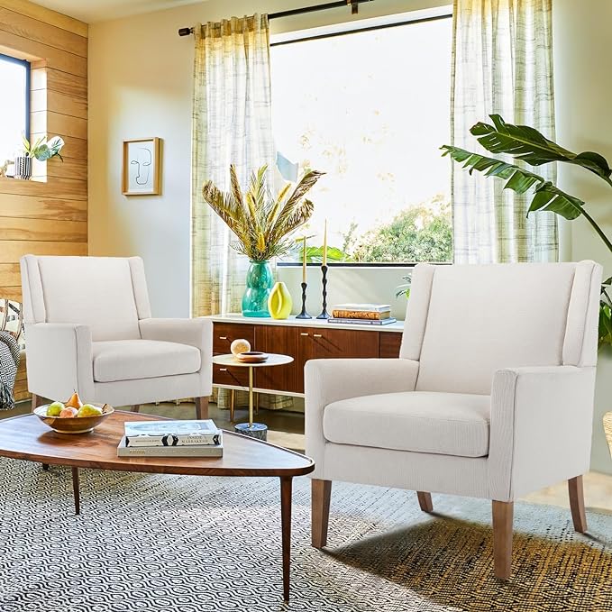 COLAMY Modern Wingback Living Room Chair Set of 2, Upholstered Fabric Accent Armchair, Single Sofa Chair with Lounge Seat and Wood Legs for Bedroom/Office/Reading Spaces, Beige