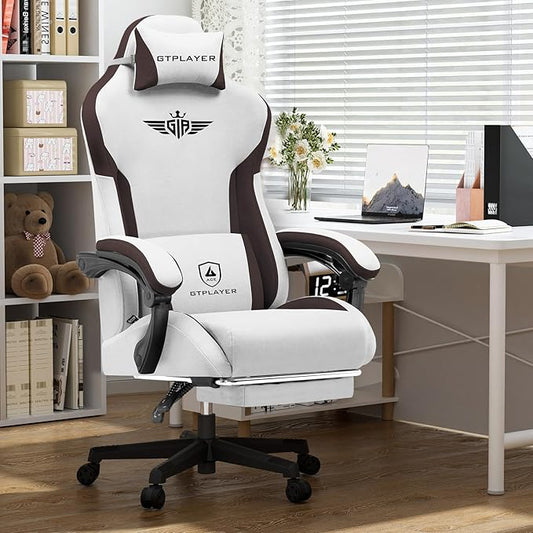 GTPLAYER Gaming Chair Fabric with Footrest, Big and Tall Game Chair High Back Computer Office Chair with Lumbar Support for Adults, Ergonomic Swivel Games Chair with Cushion Gaming Brown