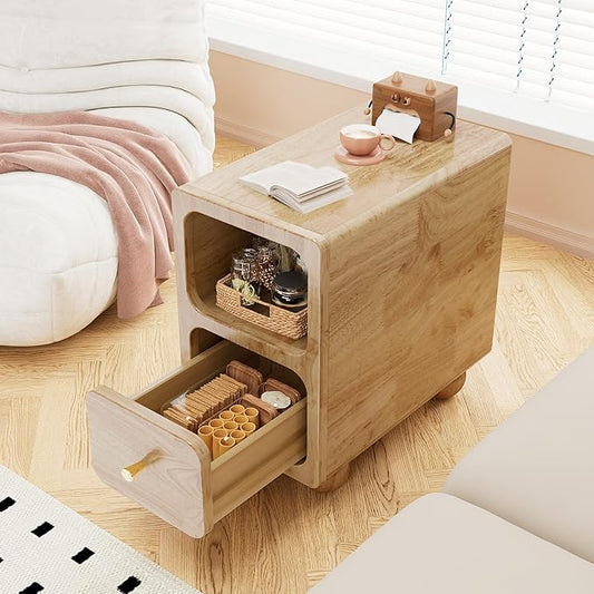 Solid Wood Night Stand, Narrow Nightstand with Drawers, Natural Mid Century Modern Nightstand, Small Beside Table with Open Storage Shelf for Bedroom (10 inch)