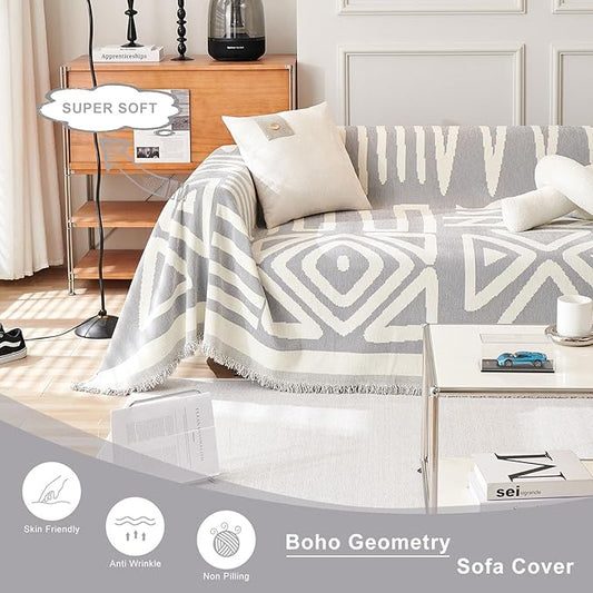 STACYPIK Dark Gray Couch Cover, Boho Chenille Sofa Covers Pet-Friendly, Reversible Non Slip Furniture Protector for 3 Cushion Couch, Modern Triangle Couch Cover for Loveseat,Multi-Use Blanket-71X134IN