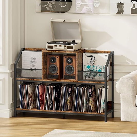 Large Record Player Table, Holds up to 400 Albums, Medieval Rustic Vinyl Record Player Display Stand, Removable Dividers, for CD and Audio Equipment Storage, Rustic Brown TCW77BF