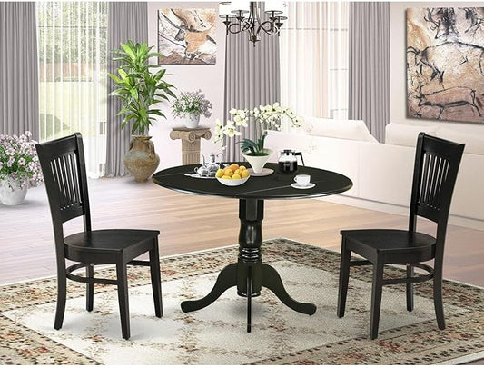 East West Furniture DLVA3-BLK-W 3 Piece Dinette Set for Small Spaces Contains a Round Dining Table with Dropleaf and 2 Dining Chairs, 42x42 Inch, Black