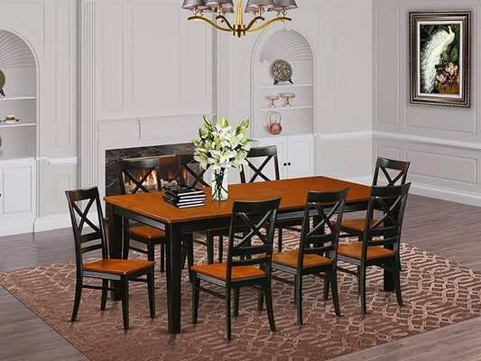 East West Furniture QUIN9-BLK-W 9 Piece Dining Room Furniture Set Includes a Rectangle Wooden Table with Butterfly Leaf and 8 Kitchen Dining Chairs, 40x78 Inch, Black & Cherry