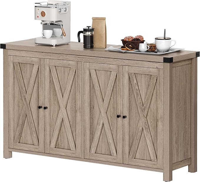 YITAHOME Buffet Cabinet with Storage, 55'' Modern Farmhouse Coffee Bar Cabinet w/4 Doors &Adjustable Shelf, Wood Large Kitchen Storage Cabinet with Barn Doors for Kitchen, Living Room, Grey-Brown