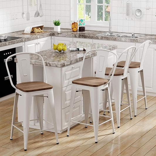 Yongqiang 30 inch Bar Stools Set of 4 Farmhouse Bar Height Stools High Back Kitchen Bar Chairs Cream White Metal Barstools with Large Wooden Seat