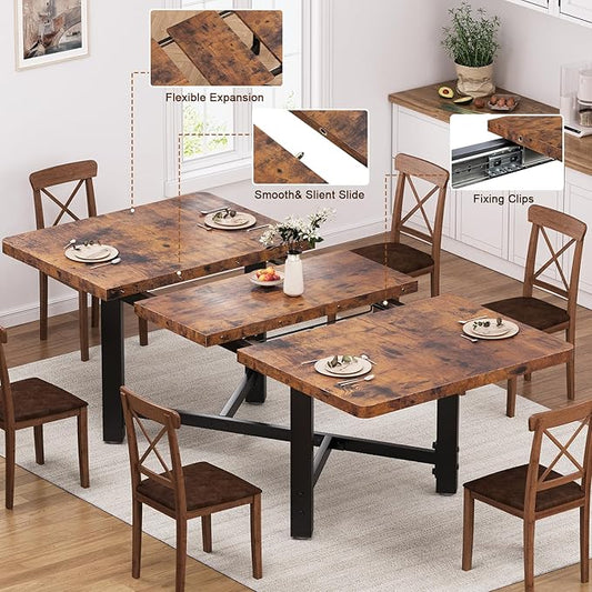 Dining Table for 4-6,62“Extendable Round Kitchen Dining Room Table, Space Saving Rectangle Large Expandable Wood Dinner Furniture for Small Space, Brwon(47-62In*28In*30In