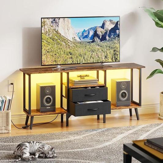 Small TV Stand with Fabric Drawers/LED Light for 55 inch TV, Entertainment Center with Storage Open Shelves,Media Console Table for Living Room, Bedroom, Rustic Brown