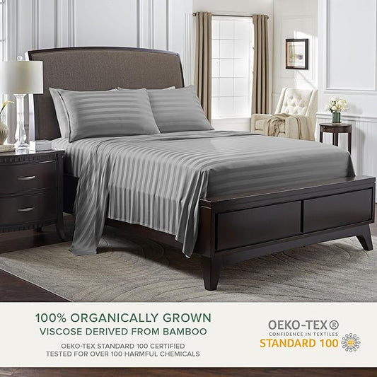 California King Sheets by Pure Bamboo, Genuine 100% Organic Viscose Derived from Bamboo Bed Sheet Set, Soft & Cooling, Double Stitching, Lifetime Quality Promise (California King, Jacquard Stone)