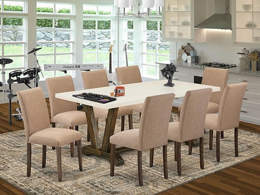 East West Furniture V727AB747-9 9 Piece Dining Table Set Includes a Rectangle Dining Room Table with V-Legs and 8 Light Sable Linen Fabric Upholstered Chairs, 40x72 Inch, Multi-Color