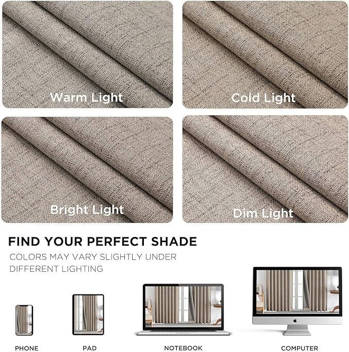 Joydeco 100% Blackout Curtains for Bedroom - Natural Linen Curtains 52"W x 72"L Long, Thermal Insulated 2 Panels Linen Light Blocking Drapes, Rod Pocket & Back Tabs, Darkening Privacy for Living Room