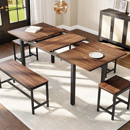 Garvee 5 PCs Extendable Dining Table Set for 4-8 People, 63 Inch Kitchen Table with 2 Benches & 2 Stools, Modern Dining Room Furniture Sets, Easy Assembly