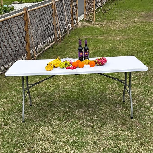 70.8" W X 29" D X 29" H - 6 ft Folding Table White Portable Heavy Duty Plastic Fold-in-Half Utility Foldable Table for Camp,Picnic & Party