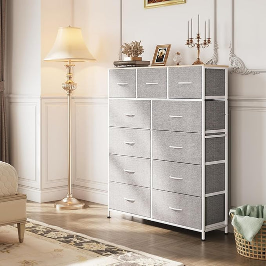 WLIVE Storage Organizer Unit with 11 Fabric Bins, Storage Drawers Organizer with Steel Frame, Tall Storage Tower Organizaton for Living Room, Hallway, Office, Light Grey