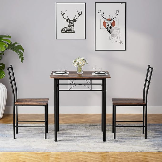 JOIN IRON 3-Piece Kitchen Dining Room Table Set for Small Spaces,Iron Wood Square Table with 2 Chairs for Kitchen Dining Room Furniture