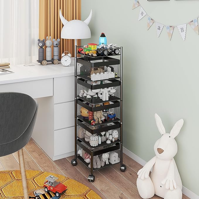 Fruit and Vegetable Basket for Kitchen No Assembly, Rotating Storage Rack,Bathroom Storage Shelf, Kitchen Organizers and Storage Cart on Rolling Wheels(Black, 5 Tier-Square)
