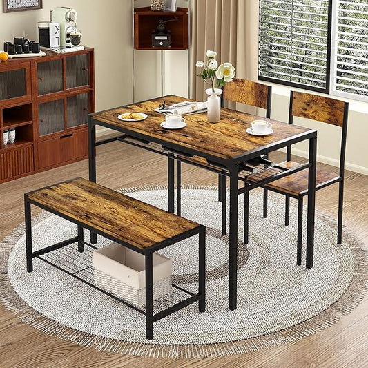 VECELO Kitchen Dining Room Table with 2 Chairs & Bench, Compact Space-Saving Design, Easy Assembly Steel Frame, Perfect for Small Apartments & Breakfast Nooks,Industrial