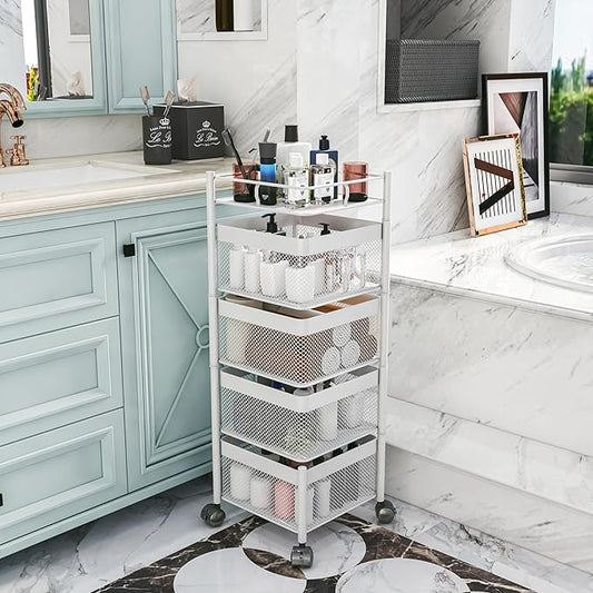 Rotating Kitchen Storage Rack,Fruit and Vegetable Basket Cart,Bathroom Shelf,Kitchen Organization and Storage Rack,Rolling Carts on Wheels(White, 4 Tier-Square)