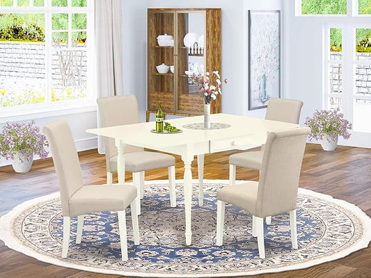 East West Furniture MZBA5-LWH-01 5 Piece Dinette Set Includes a Rectangle Dining Room Table with Dropleaf and 4 Cream Linen Fabric Upholstered Parson Chairs, 36x54 Inch, Linen White