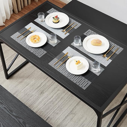 VECELO Kitchen Dining Table Set for 4 to 6, 55" Wood Dinette 2 Benches with Metal Frame for Dinner Breakfast Nook and Small Space, Black