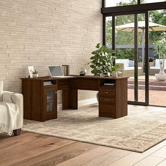 Bush Furniture Cabot L Shaped Computer Desk in Modern Walnut | Corner Table with Drawers for Home Office
