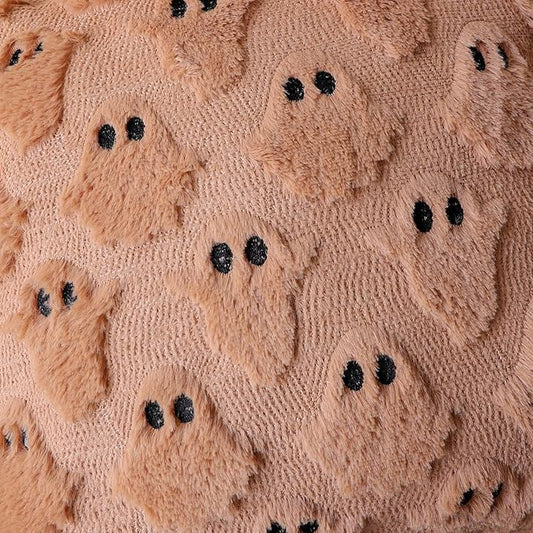4TH Emotion Halloween Ghost Decorative Pillow Covers 18x18 Set of 2, Light Brown Soft Plush Faux Fur Farmhouse Throw Cushion Cases for Fall Autumn Holiday Home Decorations