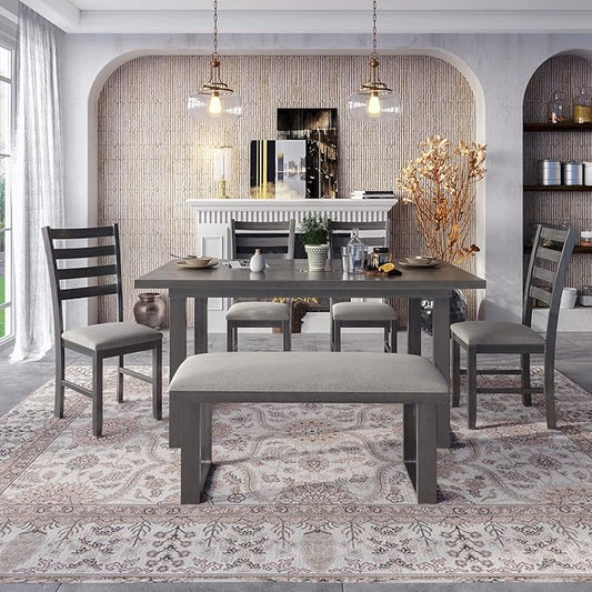 Ball & Cast 6 Piece Dining Table Set with 4 Ladder Back Upholstered Chairs and 1 Bench,Wooden Living Room Furniture W/ 60" Rectangle Kitchen Desk,for Restaurant,Home Bistro,Gray